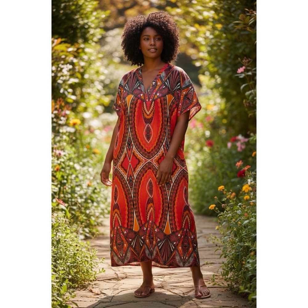 Seven Islands Vibrant Tribal Print Kaftan /Dress/Coverup 1X